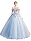 cheap Prom Dresses-Ball Gown Floral Blue Quinceanera Formal Evening Dress Off Shoulder Short Sleeve Floor Length Tulle with Appliques 2020