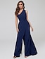 voordelige Pantsuits-Jumpsuit / Pantsuit Mother of the Bride Dress Plus Size Sexy One Shoulder Sweep / Brush Train Spandex Sleeveless with Pleats 2024