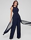 cheap Evening Dresses-Jumpsuits Special Occasion Dresses Elegant Dress Wedding Guest Formal Evening Floor Length Sleeveless Jewel Neck Chiffon with Draping Slit 2024
