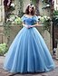 cheap Evening Dresses-Ball Gown Evening Gown Sexy Dress Quinceanera Chapel Train Short Sleeve Off Shoulder Satin with Appliques 2023