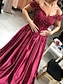 billige Aftenkjoler-A-Line Luxurious Floral Prom Formal Evening Dress Off Shoulder Short Sleeve Floor Length Satin with Beading Appliques 2022
