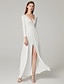 halpa Tanssiaismekot-A-Line Elegant &amp; Luxurious Elegant Formal Evening Dress Plunging Neck Long Sleeve Floor Length Milk Fiber with Split Front 2020