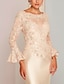 cheap Mother of the Bride Dresses-Sheath / Column Mother of the Bride Dress Vintage Luxurious Plus Size Jewel Neck Knee Length Satin Lace Long Sleeve with Beading Appliques 2022