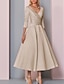 cheap Mother of the Bride Dresses-A-Line Mother of the Bride Dress Plus Size Elegant Vintage V Neck Tea Length Satin 3/4 Length Sleeve with Pleats 2022
