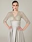 cheap Mother of the Bride Dresses-A-Line Mother of the Bride Dress Elegant &amp; Luxurious Plunging Neck Floor Length Lace Satin 3/4 Length Sleeve with Ruching 2020 / Illusion Sleeve