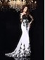 cheap Evening Dresses-Mermaid / Trumpet Evening Gown White Dress Engagement Formal Evening Court Train 3/4 Length Sleeve Boat Neck Chiffon with Appliques 2024