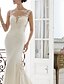 cheap Wedding Dresses-Mermaid / Trumpet Wedding Dresses Jewel Neck Sweep / Brush Train Lace Stretch Satin Regular Straps with Beading Appliques 2021