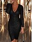 cheap Party Dresses-Women&#039;s Bodycon Knee Length Dress Black Long Sleeve Solid Colored Sequins Glitter Deep V Hot Elegant Sexy S M L XL