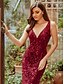 preiswerte Partykleid-Meerjungfrauenkleid, glitzerndes rotes, grünes Kleid, Abschlussball, formeller Abend, Valentinstagskleid, V-Ausschnitt, V-Rücken, ärmellos, bodenlanger Tüll mit Paillettenapplikationen, 2024