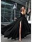 billige Aftenkjoler-a-line aftenkjole empire svart kjole ferie bryllup gjest gulv lengde lange ermer v hals chiffon v rygg med splitt ren farge 2024