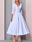 cheap Mother of the Bride Dresses-A-Line Mother of the Bride Dress Plus Size Elegant Vintage V Neck Tea Length Satin 3/4 Length Sleeve with Pleats 2022