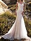 cheap Wedding Dresses-Mermaid / Trumpet Wedding Dresses V Neck Sweep / Brush Train Lace Cap Sleeve Mordern Illusion Detail with Buttons Lace Insert 2021