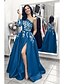 cheap Special Occasion Dresses-A-Line Elegant Formal Evening Dress One Shoulder Long Sleeve Sweep / Brush Train Satin with Appliques Split Front 2022
