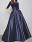 cheap Evening Dresses-Ball Gown Evening Gown Minimalist Dress Quinceanera Formal Evening Floor Length Half Sleeve Illusion Neck Fall Wedding Guest Satin with Pleats Lace Insert 2024