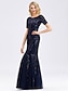cheap Evening Dresses-Mermaid / Trumpet Sparkle Engagement Formal Evening Valentine&#039;s Day Dress Jewel Neck Short Sleeve Floor Length Nylon Sequined Polyester with Sequin Appliques 2021