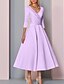 cheap Mother of the Bride Dresses-A-Line Mother of the Bride Dress Wedding Guest Vintage Plus Size Elegant V Neck Tea Length Satin 3/4 Length Sleeve with Pleats 2023