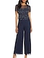 cheap Mother of the Bride Pantsuits-Jumpsuit / Pantsuit Mother of the Bride Dress Formal Wedding Guest Elegant Plus Size See Through Bateau Neck Floor Length Chiffon Tulle Short Sleeve with Lace Appliques 2024