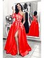 Χαμηλού Κόστους Φορέματα ειδικών περιστάσεων-Γραμμή Α Κομψό Επίσημο Βραδινό Φόρεμα Ένας Ώμος Μακρυμάνικο Ουρά Σατέν με Διακοσμητικά Επιράμματα Με Άνοιγμα Μπροστά 2022
