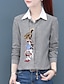 billige Bluser og skjorter til kvinner-Dame Stripet Broderi Løstsittende Skjorte Chinoiserie Daglig Ut på byen Skjortekrage Blå / Grå