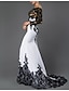 זול שמלות ערב-שמלת בת ים שחורה צבע בלוק שמלת ערב רשמית מחוץ לכתף שרוולים ארוכים לטאטא / רכבת מברשת פוליאסטר עם תוספת תחרה 2022