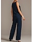 cheap Mother of the Bride Pantsuits-Jumpsuit / Pantsuit Mother of the Bride Dress Formal Wedding Guest Elegant Plus Size Sparkle &amp; Shine Scoop Neck Floor Length Chiffon Sequined 3/4 Length Sleeve with Ruching 2024