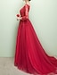 cheap Prom Dresses-A-Line Evening Gown Party Dress Luxurious Dress Wedding Guest Engagement Chapel Train Half Sleeve Illusion Neck Tulle with Beading Appliques 2024