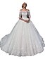 cheap Wedding Dresses-Ball Gown Wedding Dresses Off Shoulder Chapel Train Lace Tulle Lace Over Satin Half Sleeve Formal Sparkle &amp; Shine Illusion Sleeve with Lace Appliques 2021