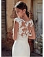 cheap Wedding Dresses-Garden / Outdoor A-Line Wedding Dresses Court Train Romantic Sexy Cap Sleeve Bateau Neck Satin With Appliques 2023 Bridal Gowns / See-Through