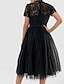 cheap Cocktail Dresses-A-Line Cocktail Dresses Black Dress Party Wear Wedding Guest Tea Length Short Sleeve High Neck Wednesday Addams Family Lace with Pleats 2024