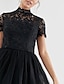 cheap Cocktail Dresses-A-Line Cocktail Dresses Black Dress Party Wear Wedding Guest Tea Length Short Sleeve High Neck Wednesday Addams Family Lace with Pleats 2024