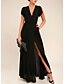 cheap Evening Dresses-A-Line Little Black Dress Engagement Formal Evening Dress V Neck Short Sleeve Ankle Length Chiffon with Pleats Slit 2022