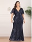 Χαμηλού Κόστους Βραδινά Φορέματα-Τρομπέτα / Γοργόνα Λάμψη Αρραβώνας Επίσημο Βραδινό Φόρεμα Λαιμόκοψη V Κοντομάνικο Μακρύ Τούλι με Πούλιες 2022