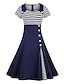 cheap Vintage Dresses-Women&#039;s Vintage A Line Dress Knee Length Dress Wine Black Navy Blue 3/4 Length Sleeve Striped Patchwork Spring Summer Peter Pan Collar Hot Elegant Sophisticated Cotton 2021 S M L XL XXL 3XL 4XL