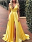 baratos Vestidos de Noite-A-Line Evening Gown Empire Dress Prom Formal Evening Sweep / Brush Train Sleeveless V Neck Charmeuse with Pleats Slit 2023