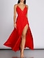 cheap Prom Dresses-A-Line Prom Dresses Sexy Dress Holiday Prom Floor Length Sleeveless V Neck Polyester with Pleats Slit 2023