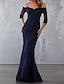 Χαμηλού Κόστους Βραδινά Φορέματα-γοργόνα μαύρο φόρεμα συν μέγεθος κομψό επίσημο βραδινό φόρεμα καλεσμένων του γάμου από τον ώμο με μισό μανίκι sweep / πινέλο δαντέλα τρενάκι με ένθετα δαντέλα με χάντρες 2022