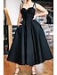 cheap Prom Dresses-Ball Gown Cocktail Black Dress Vintage Dress Party Wear Prom Tea Length Sleeveless Spaghetti Strap Wednesday Addams Family Satin with Pleats 2024