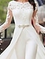 cheap Wedding Dresses-Hall Simple Wedding Dresses Casual Jumpsuits With Overskirts Illusion Neck Long Sleeve Floor Length Lace Bridal Gowns With Sashes / Ribbons Crystals 2024