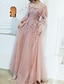 cheap Prom Dresses-A-Line Prom Dresses Floral Dress Wedding Guest Engagement Floor Length Long Sleeve Illusion Neck Tulle with Appliques 2023
