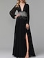 cheap Evening Dresses-A-Line Evening Gown Luxurious Dress Party Wear Formal Evening Floor Length Long Sleeve V Neck Tulle with Pleats Sequin Slit 2024