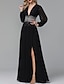 cheap Evening Dresses-A-Line Evening Gown Luxurious Dress Party Wear Formal Evening Floor Length Long Sleeve V Neck Tulle with Pleats Sequin Slit 2024