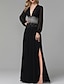 cheap Evening Dresses-A-Line Evening Gown Luxurious Dress Party Wear Formal Evening Floor Length Long Sleeve V Neck Tulle with Pleats Sequin Slit 2024