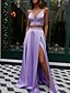 cheap Prom Dresses-Two Piece Reformation Amante Sexy High Split Holiday Prom Dress V Neck Sleeveless Sweep / Brush Train Satin with Bow(s) Slit 2022