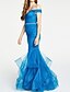 cheap Evening Dresses-Mermaid / Trumpet Evening Gown Elegant Dress Party Wear Floor Length Short Sleeve Off Shoulder Satin with Sash / Ribbon Tiered 2023