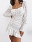 abordables Robes Mini-Mini robe Femme Robe d&#039;été manche longue Eté Automne - chaud Elégant Ruché Imprimer Floral Col Carré Mince 2022 Blanche S M L