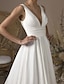 preiswerte Hochzeitskleider-Einfache Brautkleider im Saalstil, A-Linie, V-Ausschnitt, ärmellos, Sweep/Pinselzug, Satin-Brautkleider mit Falten 2024