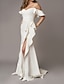 cheap Wedding Dresses-Hall Casual Wedding Dresses A-Line Off Shoulder Short Sleeve Sweep / Brush Train Chiffon Over Satin Bridal Gowns With Ruffles Split Front 2024