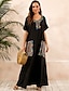 voordelige Maxi-jurken-Women&#039;s Kaftan Dress Maxi long Dress Black Short Sleeve Print Summer V Neck Hot Casual Boho vacation dresses 2021 S M L XL XXL 3XL 4XL 5XL / Plus Size