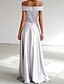 cheap Evening Dresses-A-Line Evening Gown Elegant Dress Engagement Formal Evening Sweep / Brush Train Short Sleeve Off Shoulder Satin with Sash / Ribbon 2024