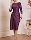cheap Mother of the Bride Dresses-Sheath / Column Mother of the Bride Dress Elegant Off Shoulder Knee Length Satin 3/4 Length Sleeve with Ruching 2022